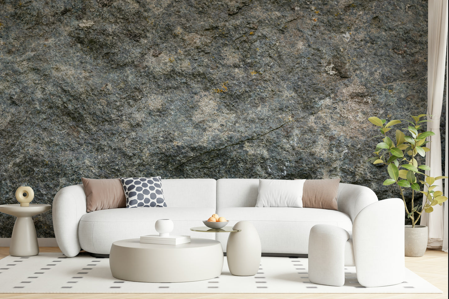 Earthy dining room with rock wallpaper mural.