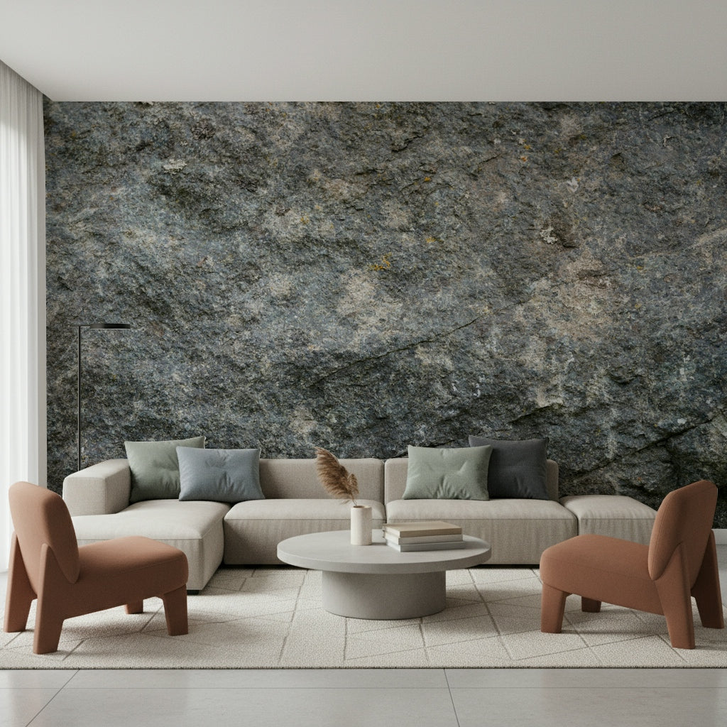 Textured rock mural in a cabin-style room.