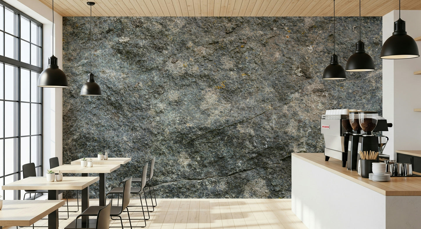 Modern office space featuring textured rock wall.