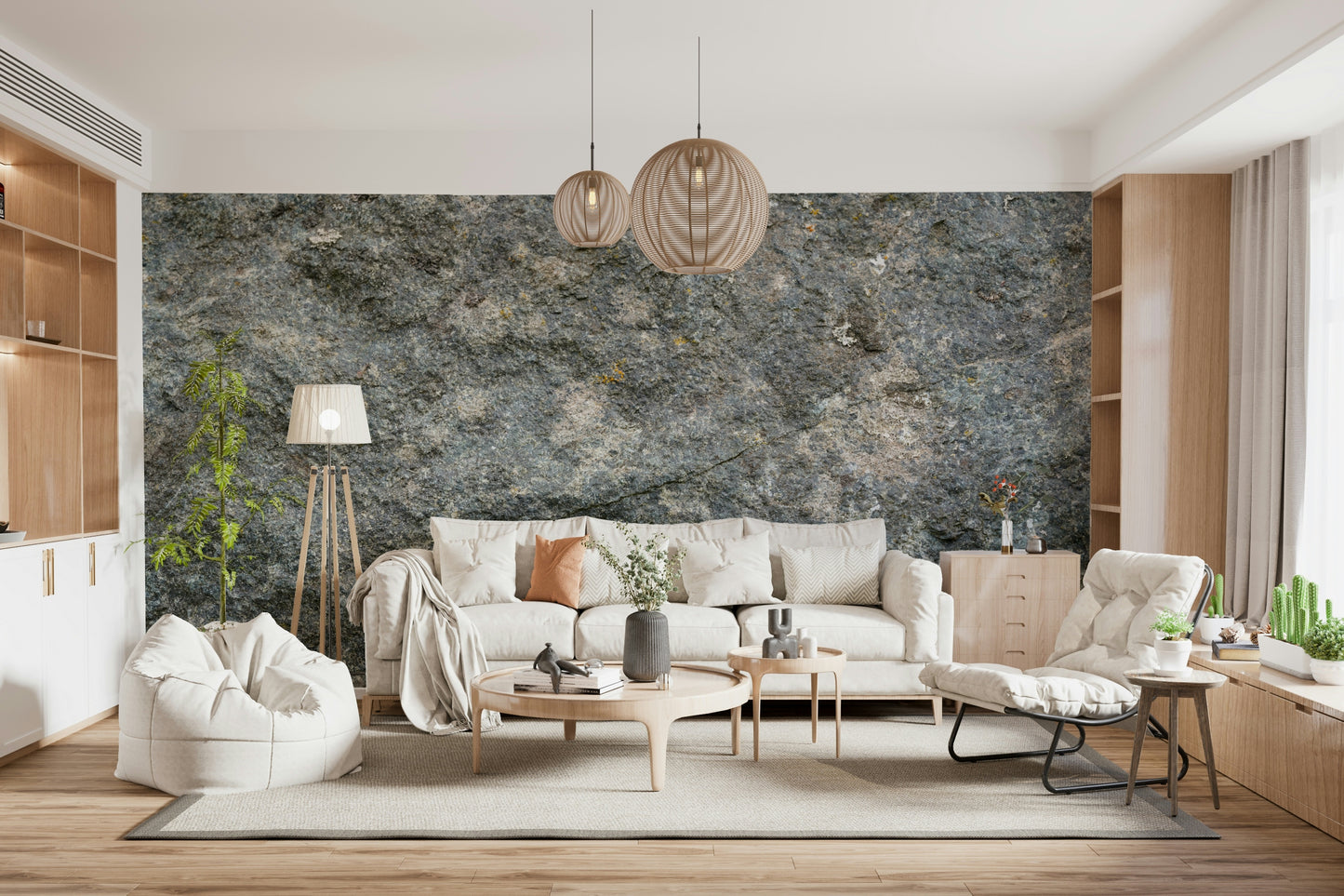 Surface detail of the textured rock wall mural.