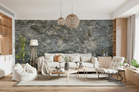 Surface detail of the textured rock wall mural.