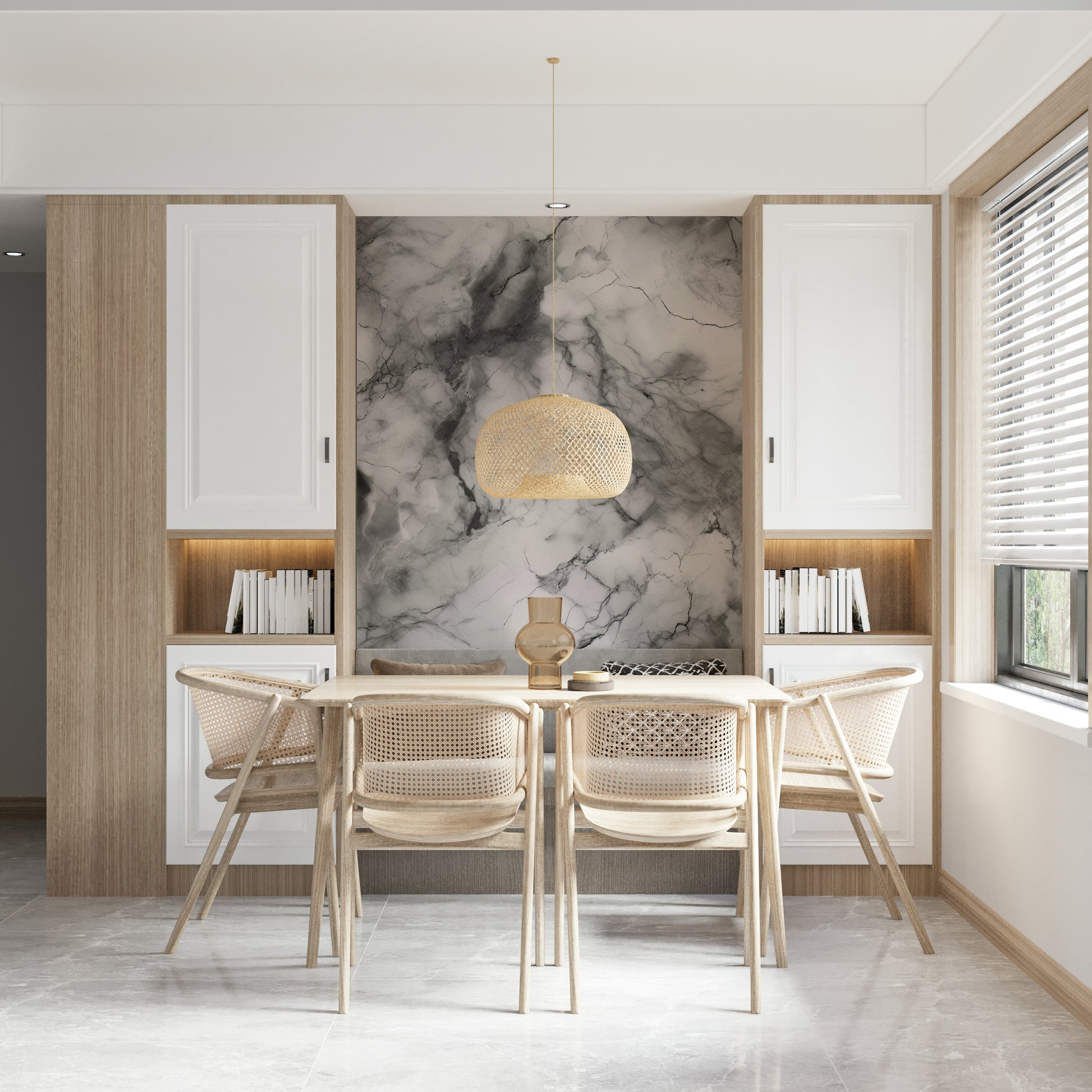 Elegant dining room featuring gray marble mural.