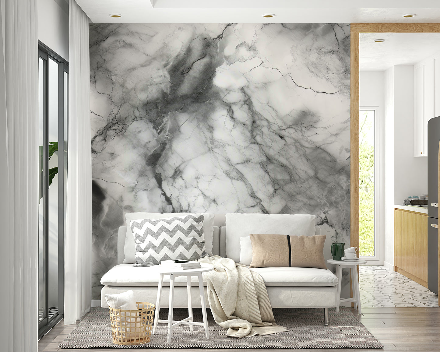 Gray marble wall mural in a sleek kitchen.