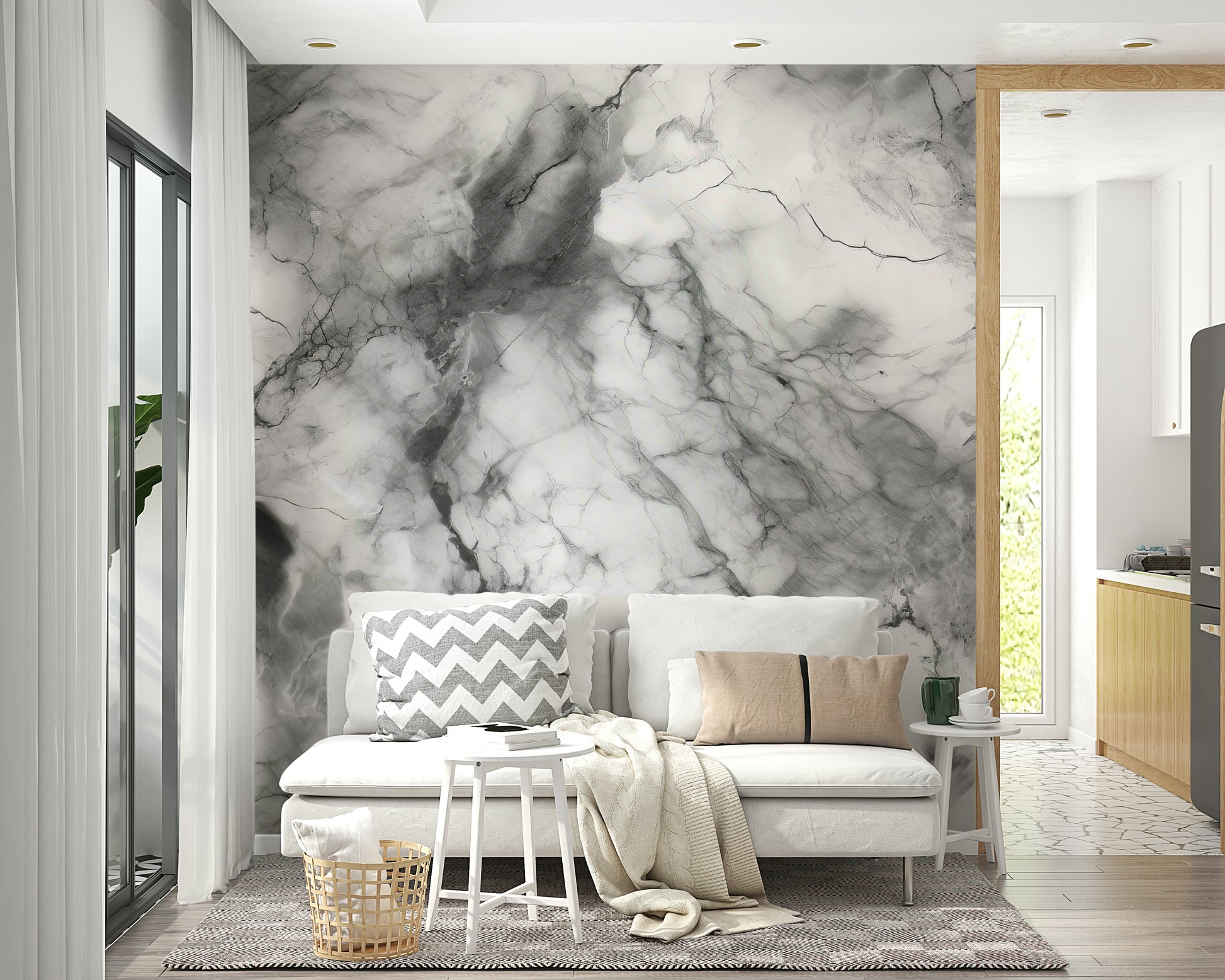 Gray marble wall mural in a sleek kitchen.