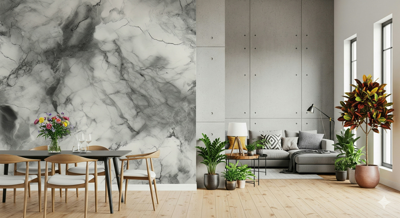Gray marble texture wall mural in luxury living room.
