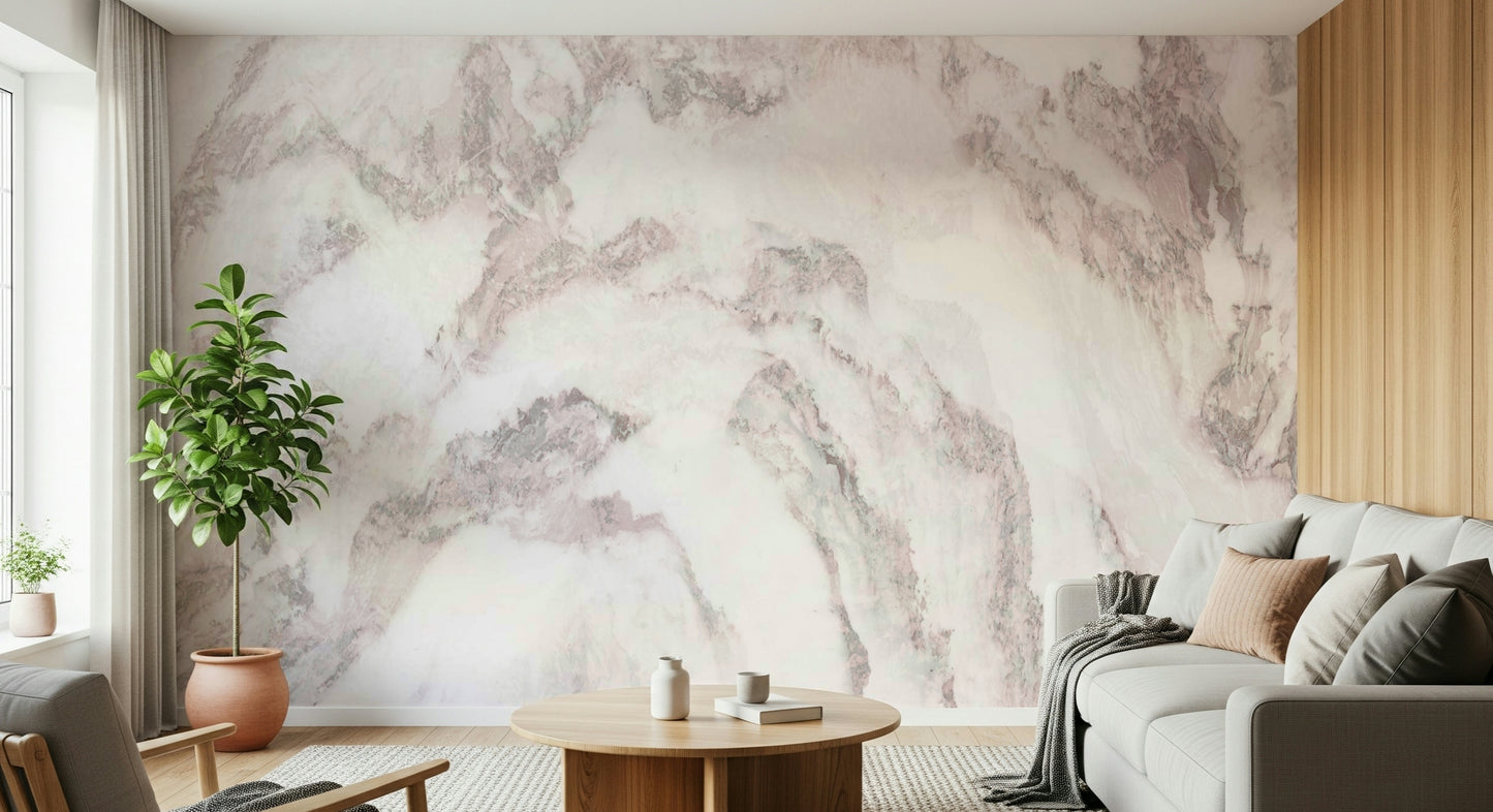 Elegant office with blush stone texture wallpaper.