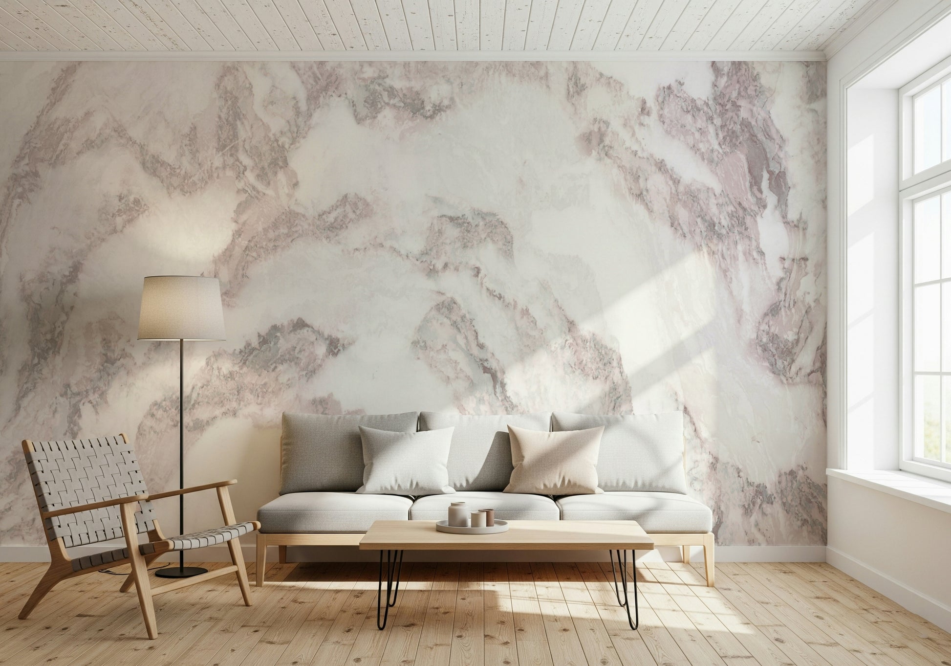 Blush stone texture wall mural in chic bedroom.