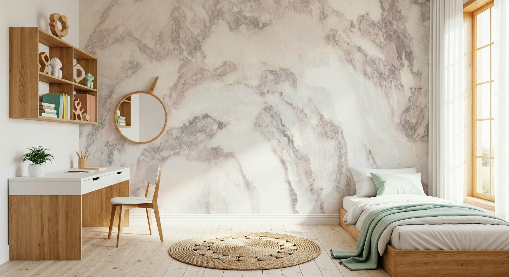 Blush stone mural in a contemporary dining area.