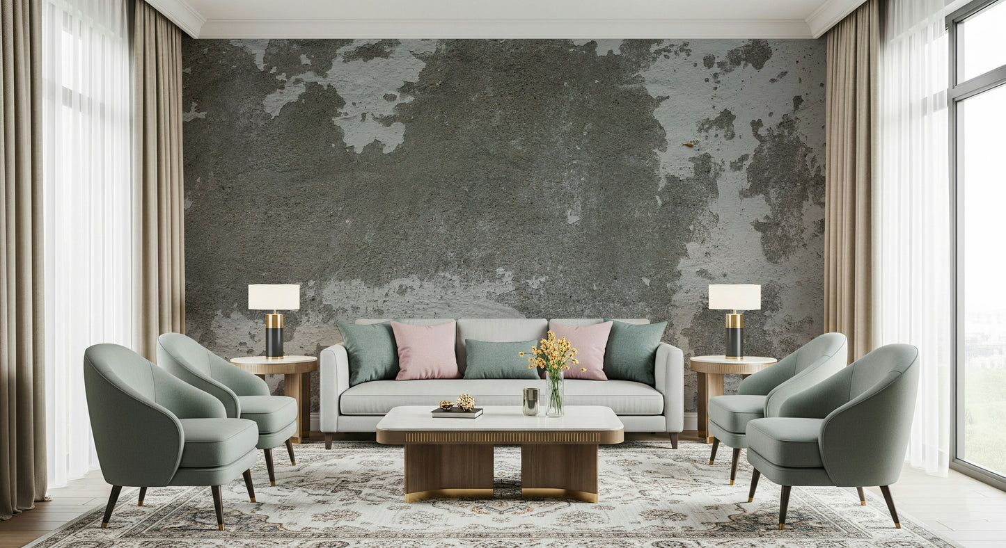 Distressed concrete wall mural in modern living room.