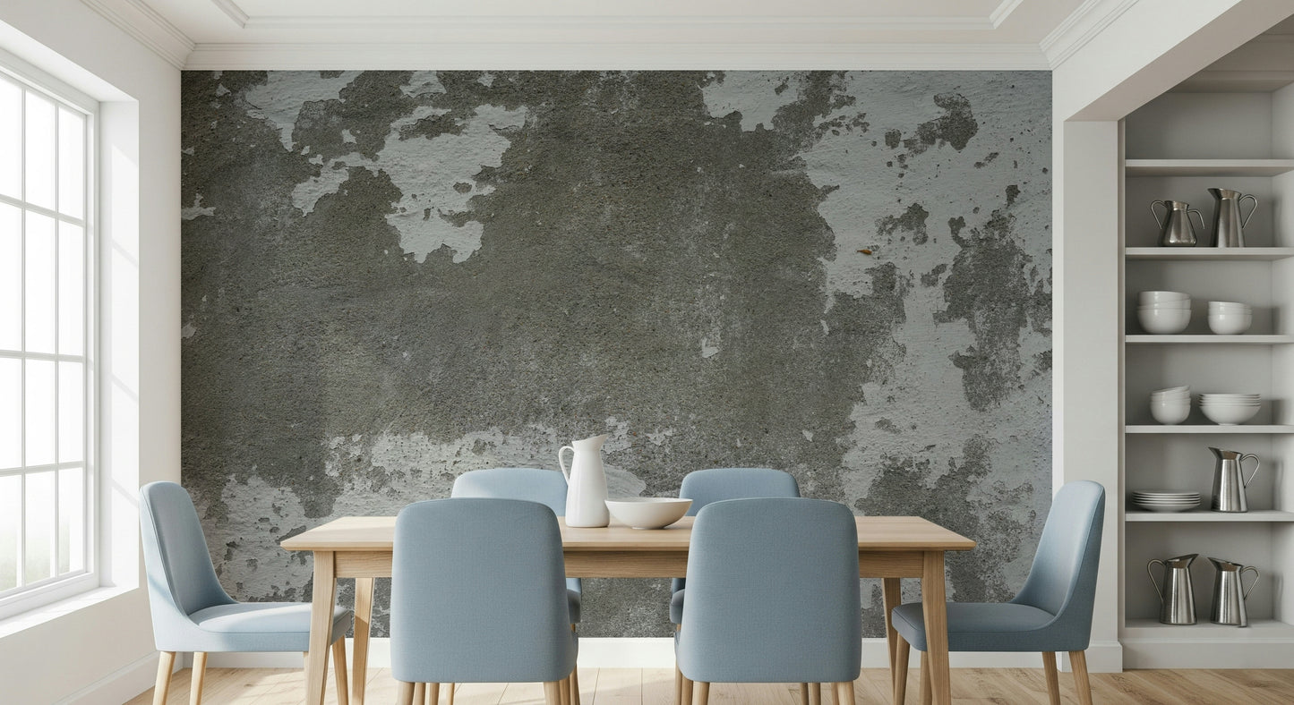 Minimalist dining room with concrete wallpaper mural.