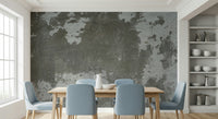 Minimalist dining room with concrete wallpaper mural.