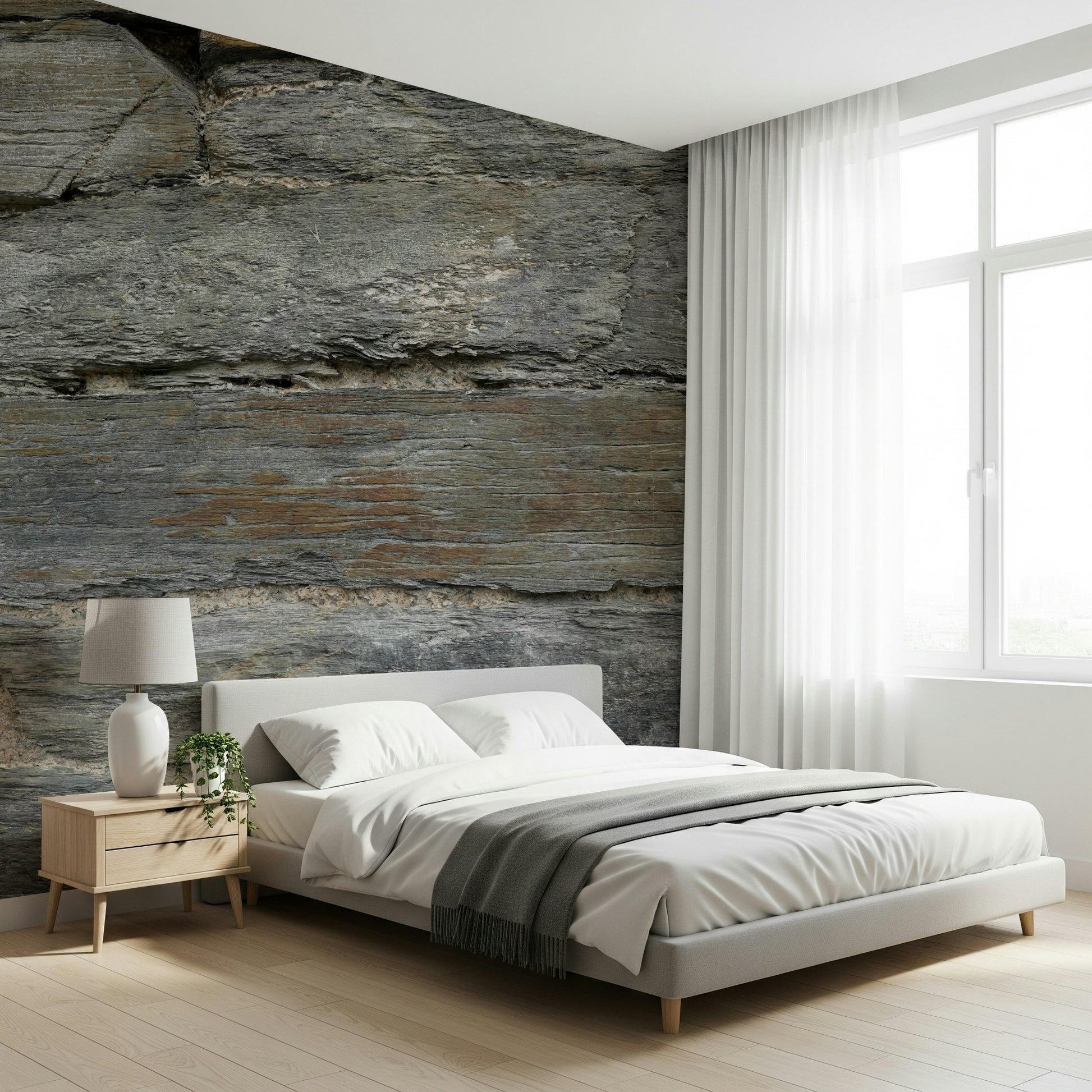 Bathroom featuring a weathered stone wallpaper mural.