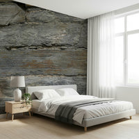 Bathroom featuring a weathered stone wallpaper mural.