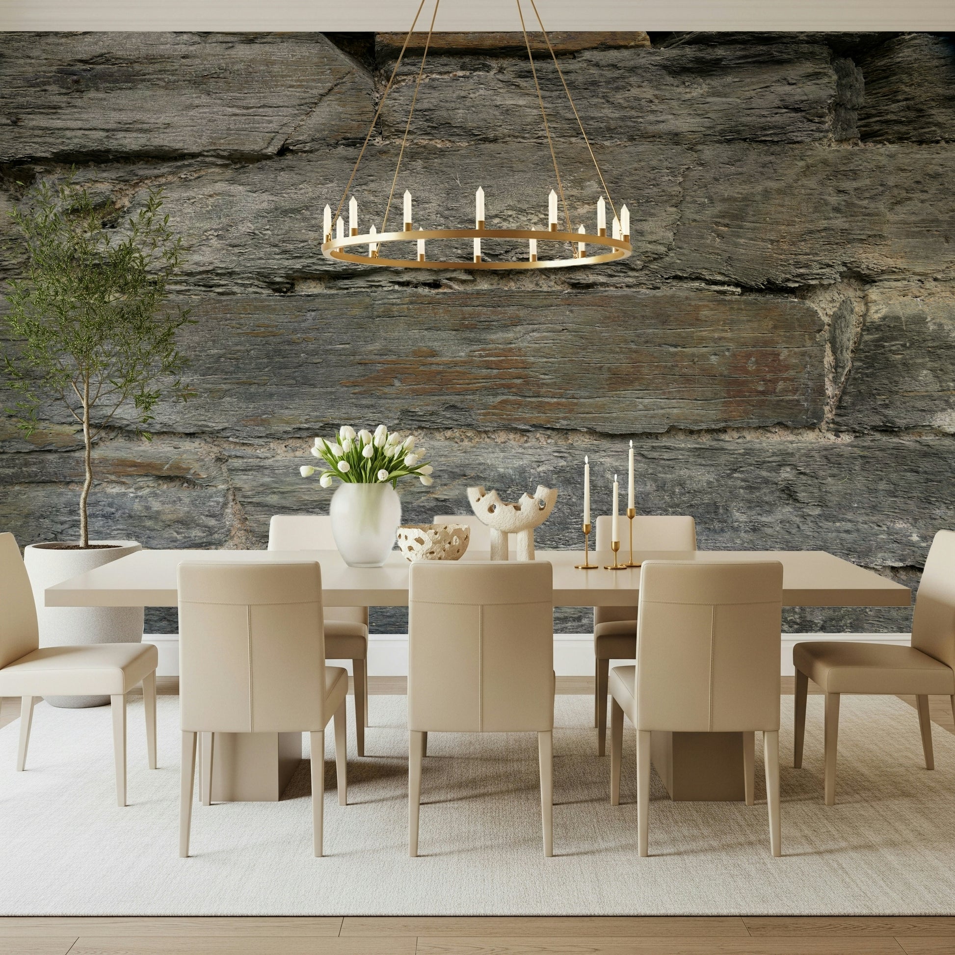 Rustic bedroom with aged stone wall mural accent.