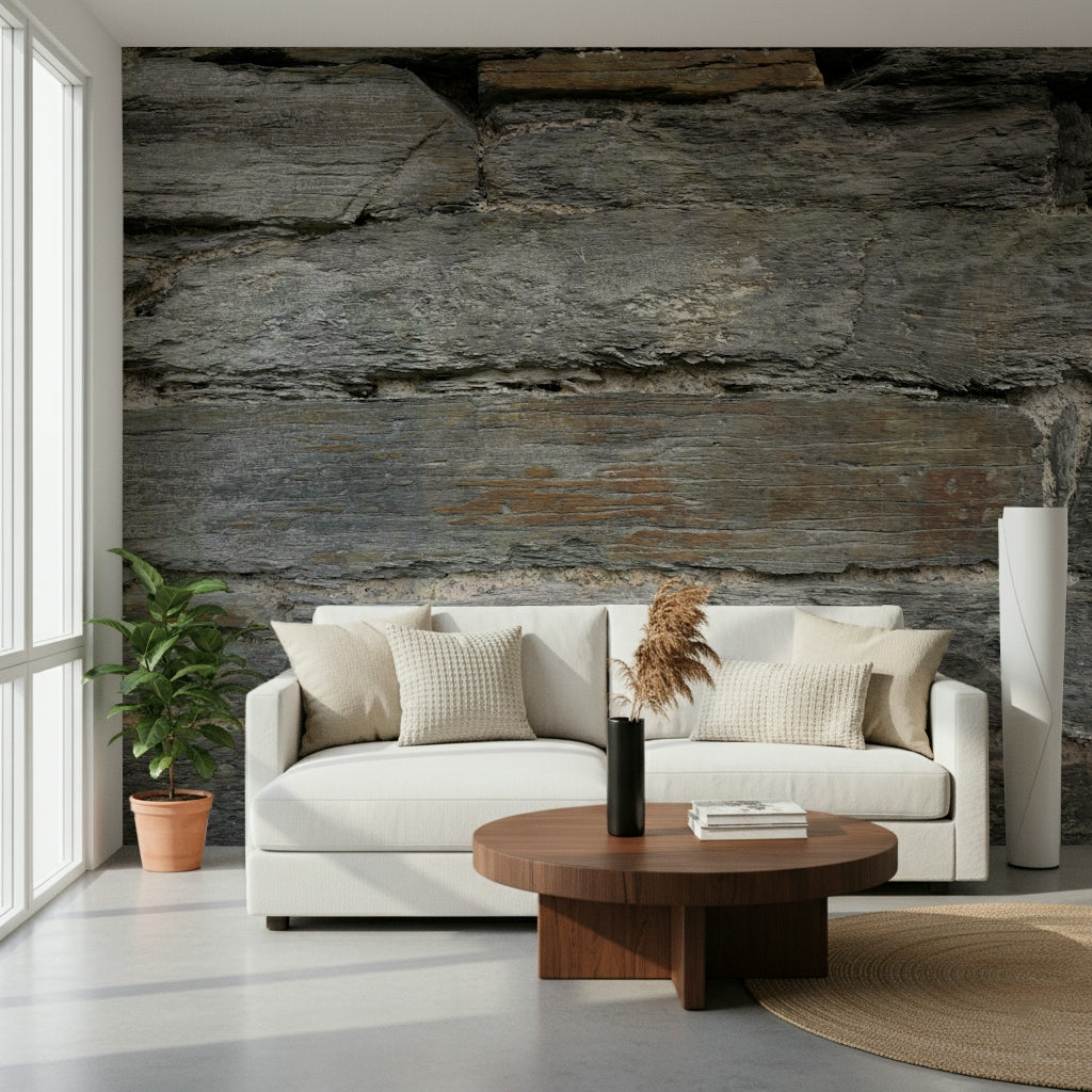 Industrial-style office with aged stone wall mural.