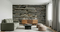 Grey Stone Layers wallpaper styled with contemporary wood furniture.
