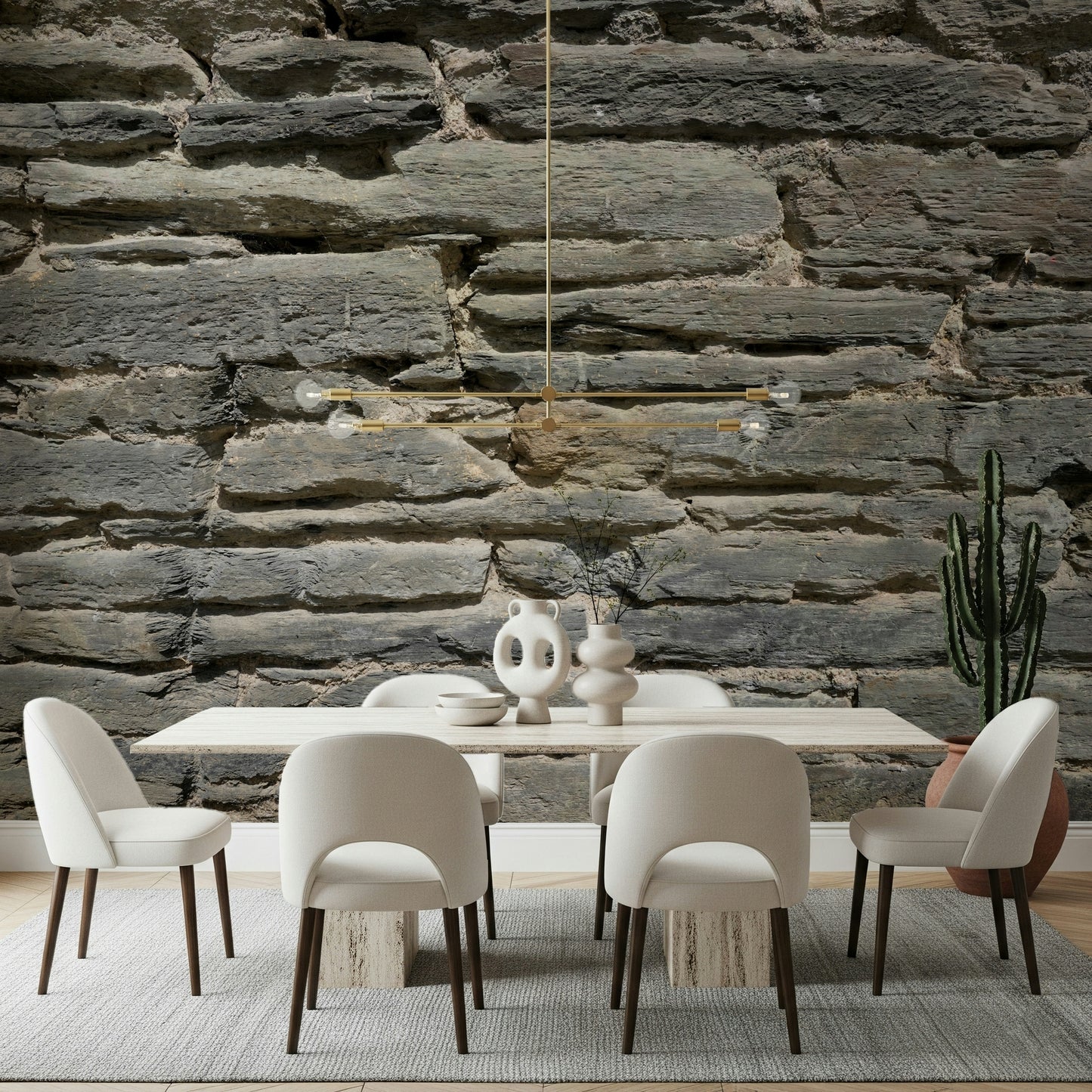 Grey Stone Layers mural behind a minimalist dining table set.