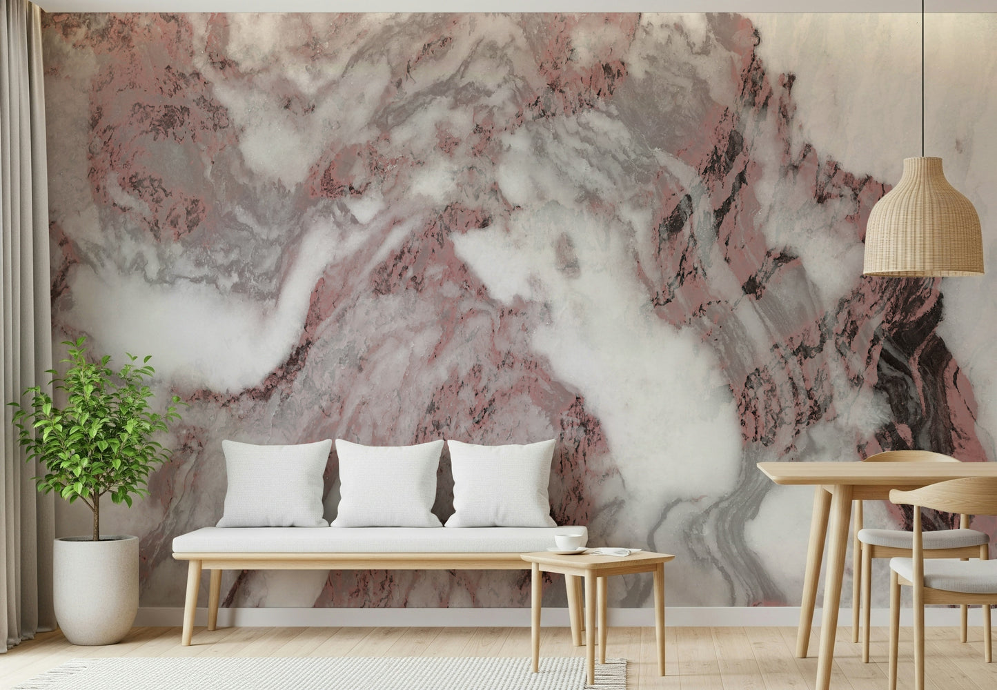 Dusty rose marble swirl wall mural in living room.