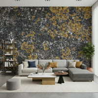 Full living room with textured stone wallpaper mural.