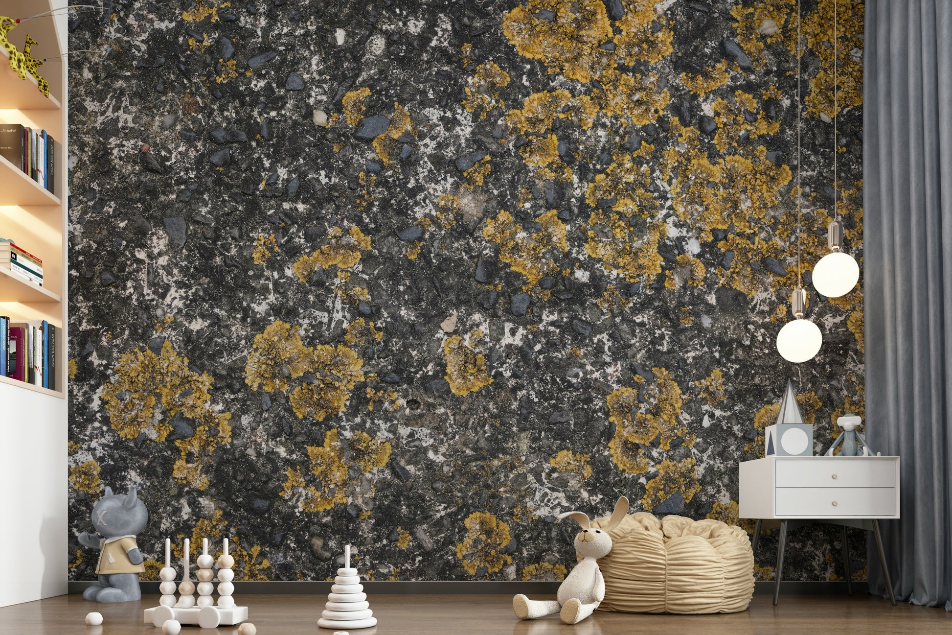 Industrial kitchen with faux cracked stone peel and stick wallpaper.