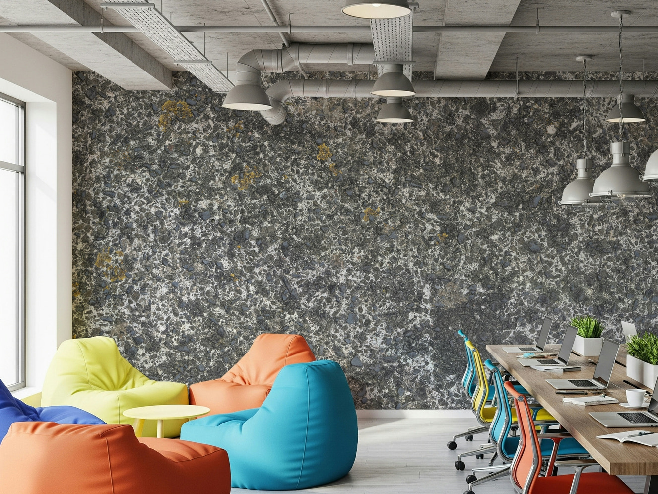 Speckled stone texture wallpaper mural in living room.