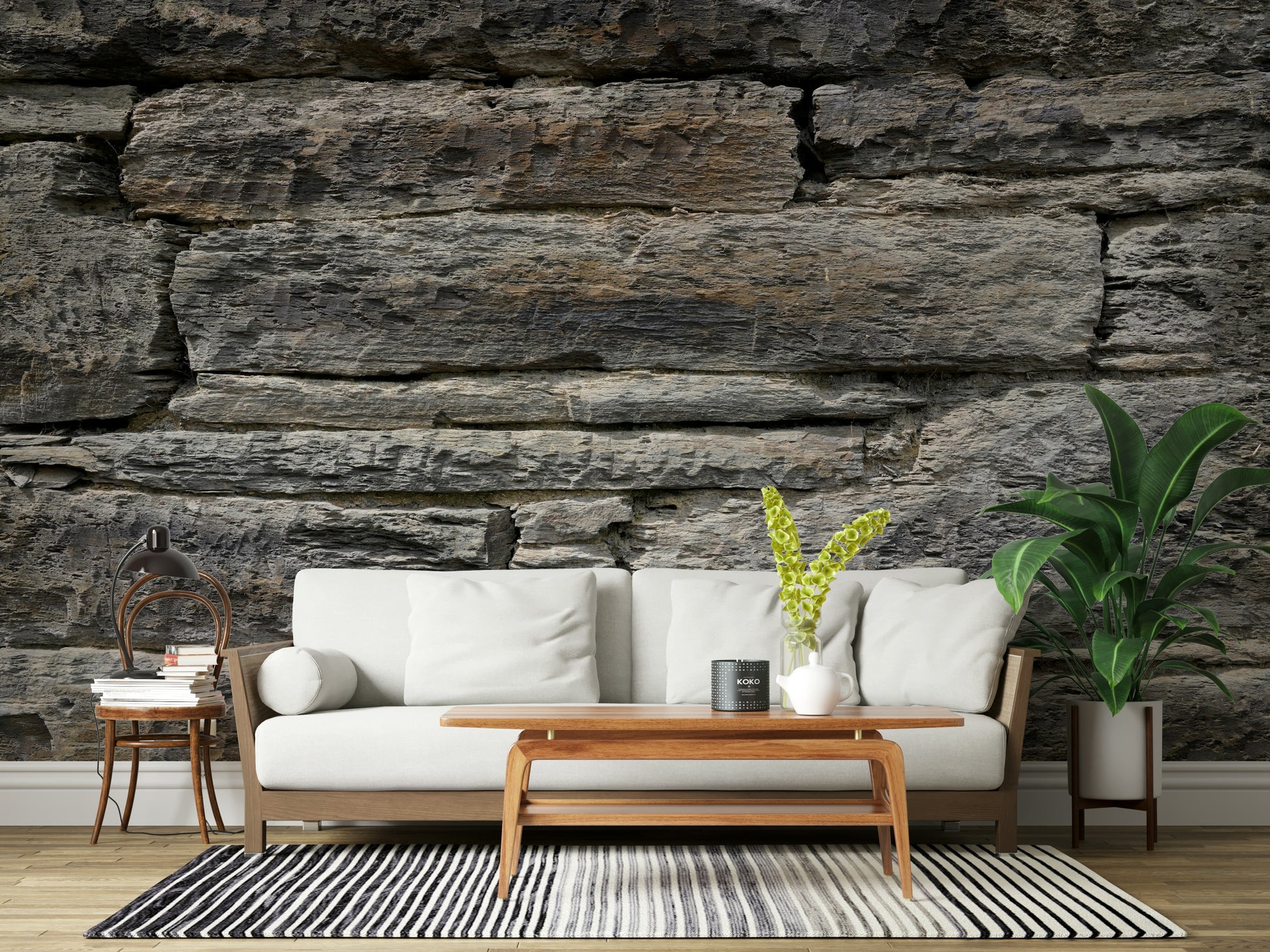 Detailed view of stacked stone wallpaper texture.