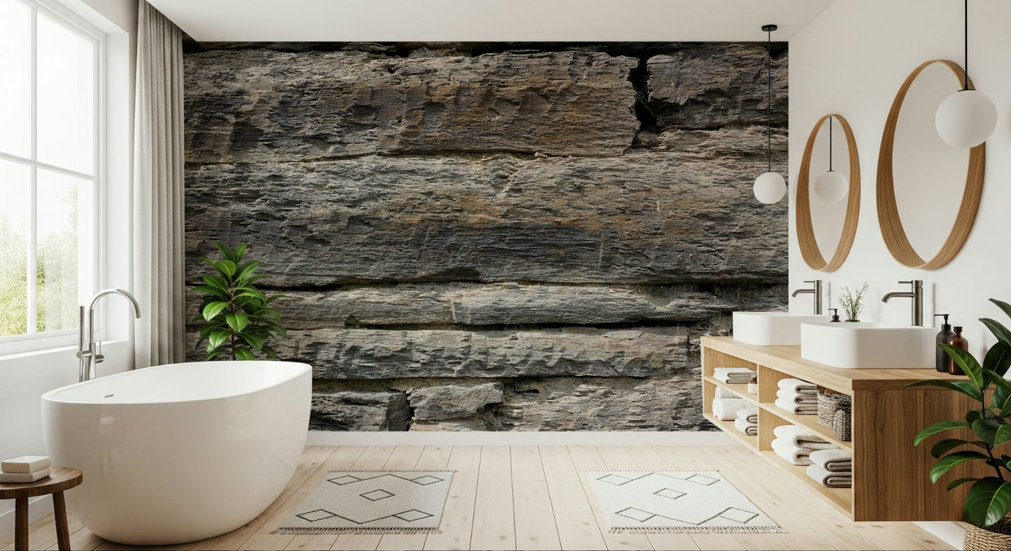 Stone texture peel and stick wallpaper installation.