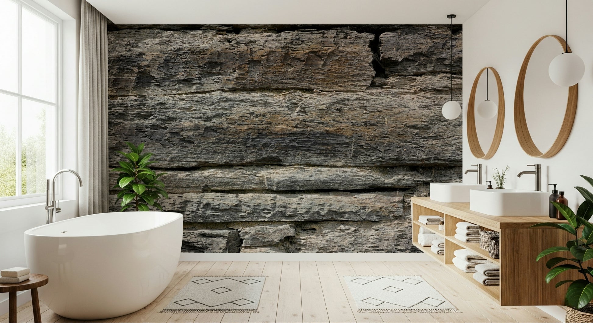Stone texture peel and stick wallpaper installation.
