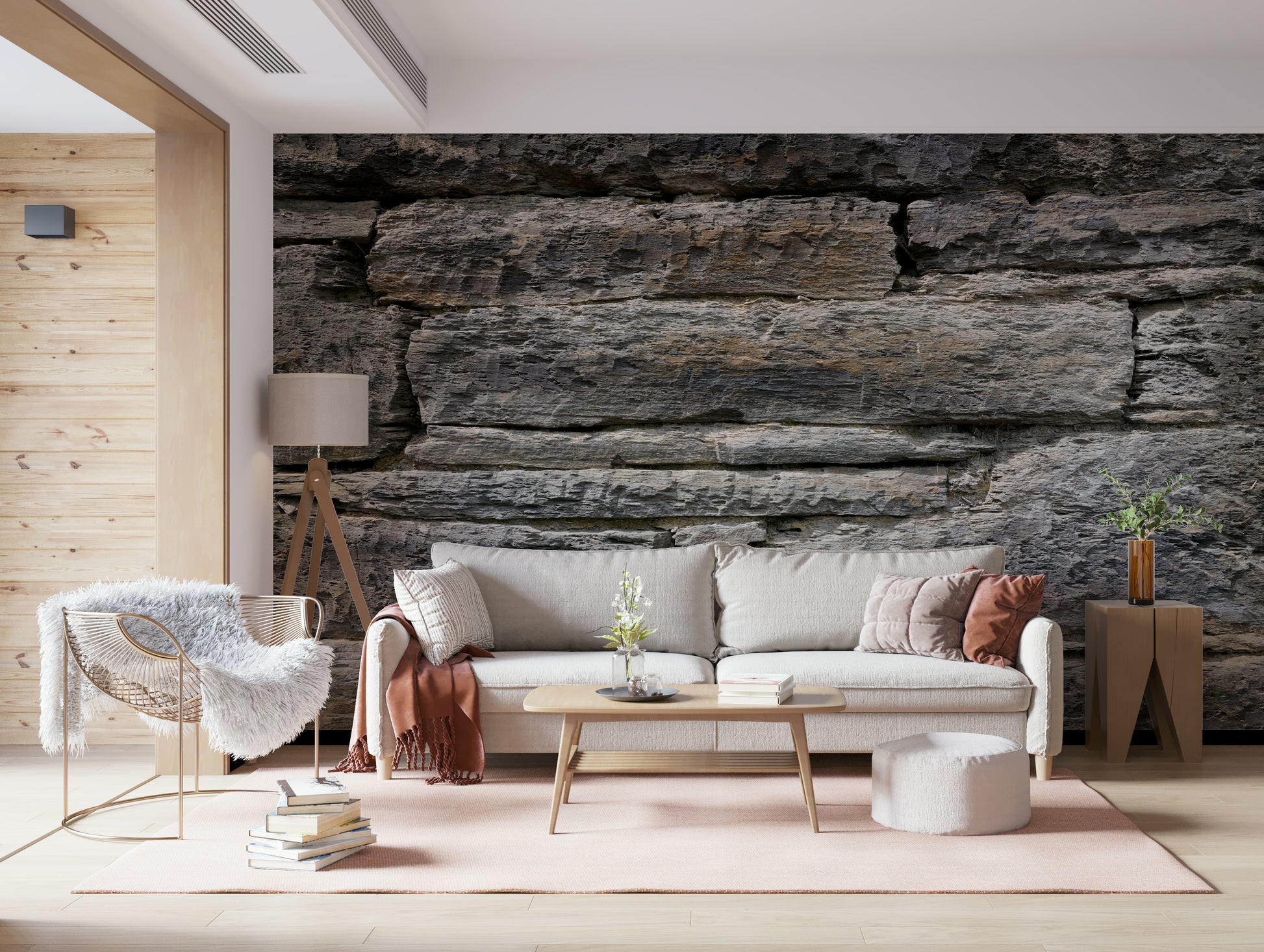 Interior design with aged stone wallpaper for walls.