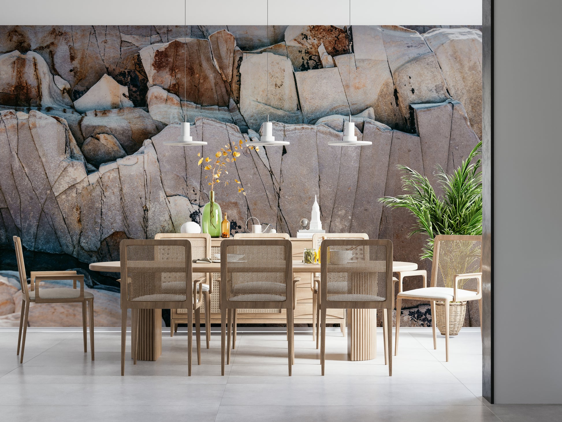 Stone Geometry wallpaper mural in modern living room.