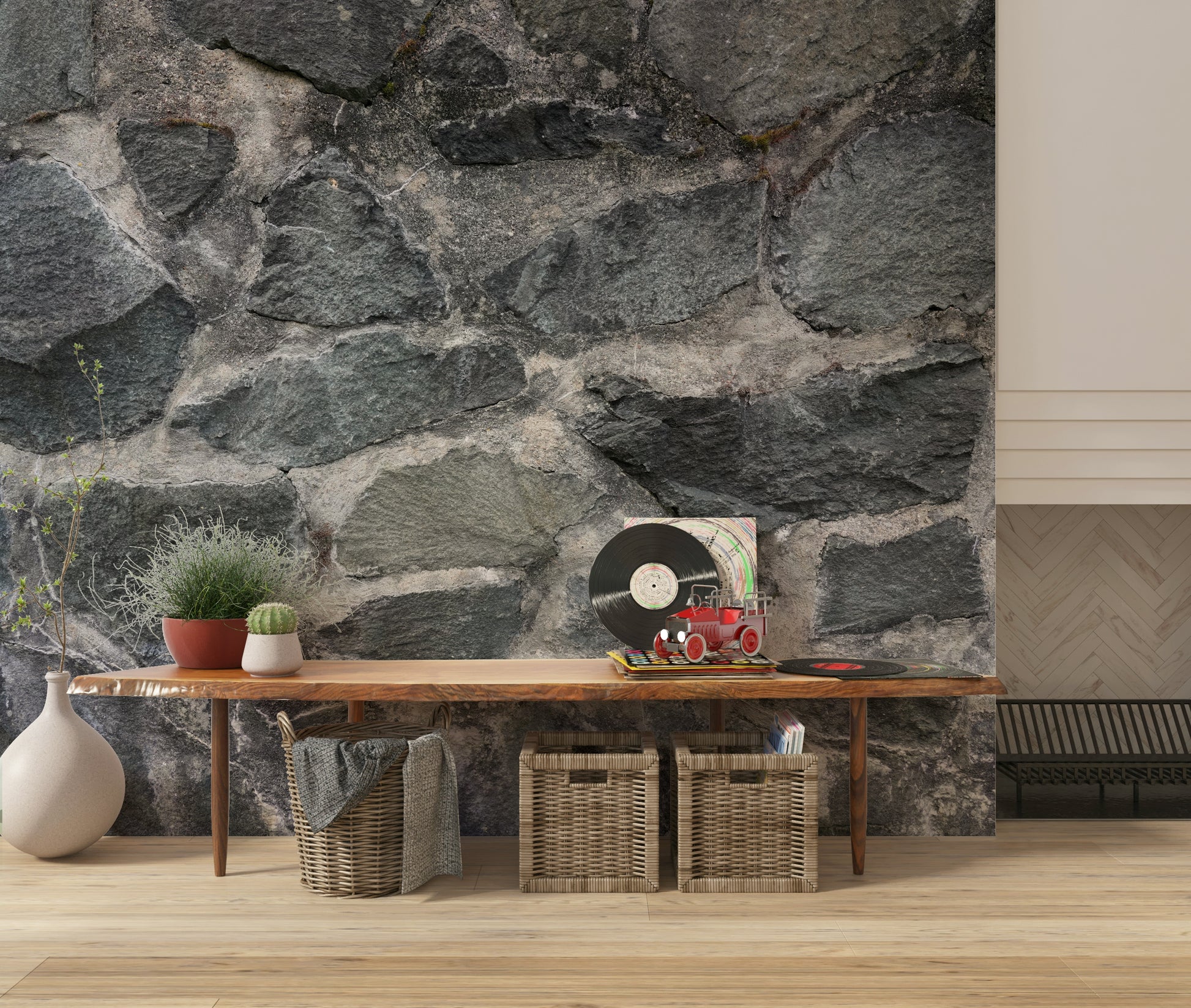 Office space with large format granite texture wallpaper mural.