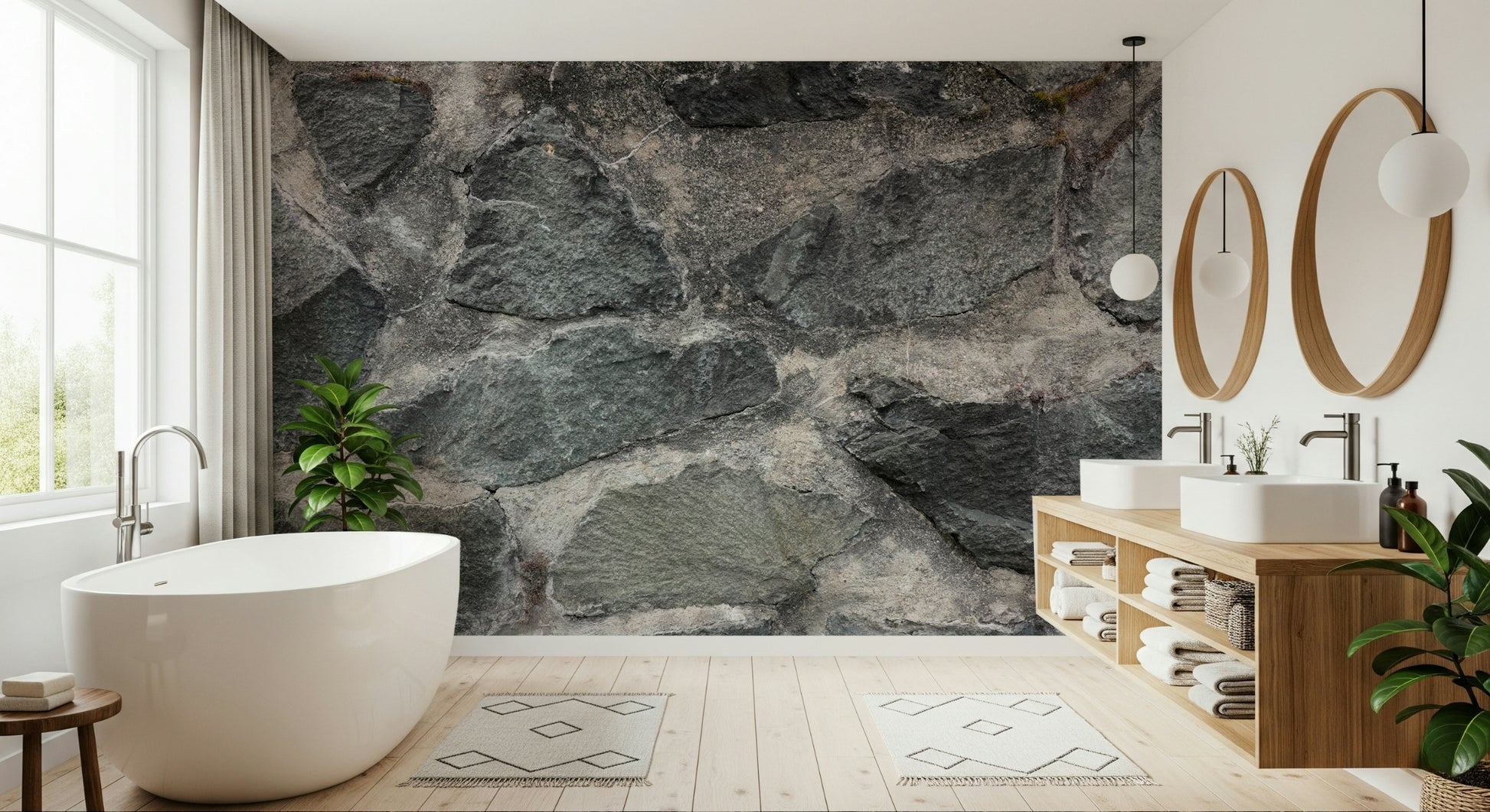 Granite blocks wallpaper mural in a modern living room.