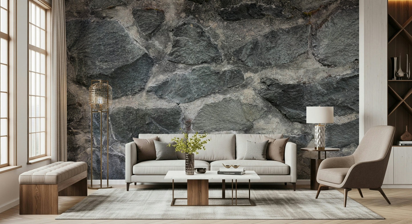 Close-up of realistic faux stone texture on peel and stick wallpaper.