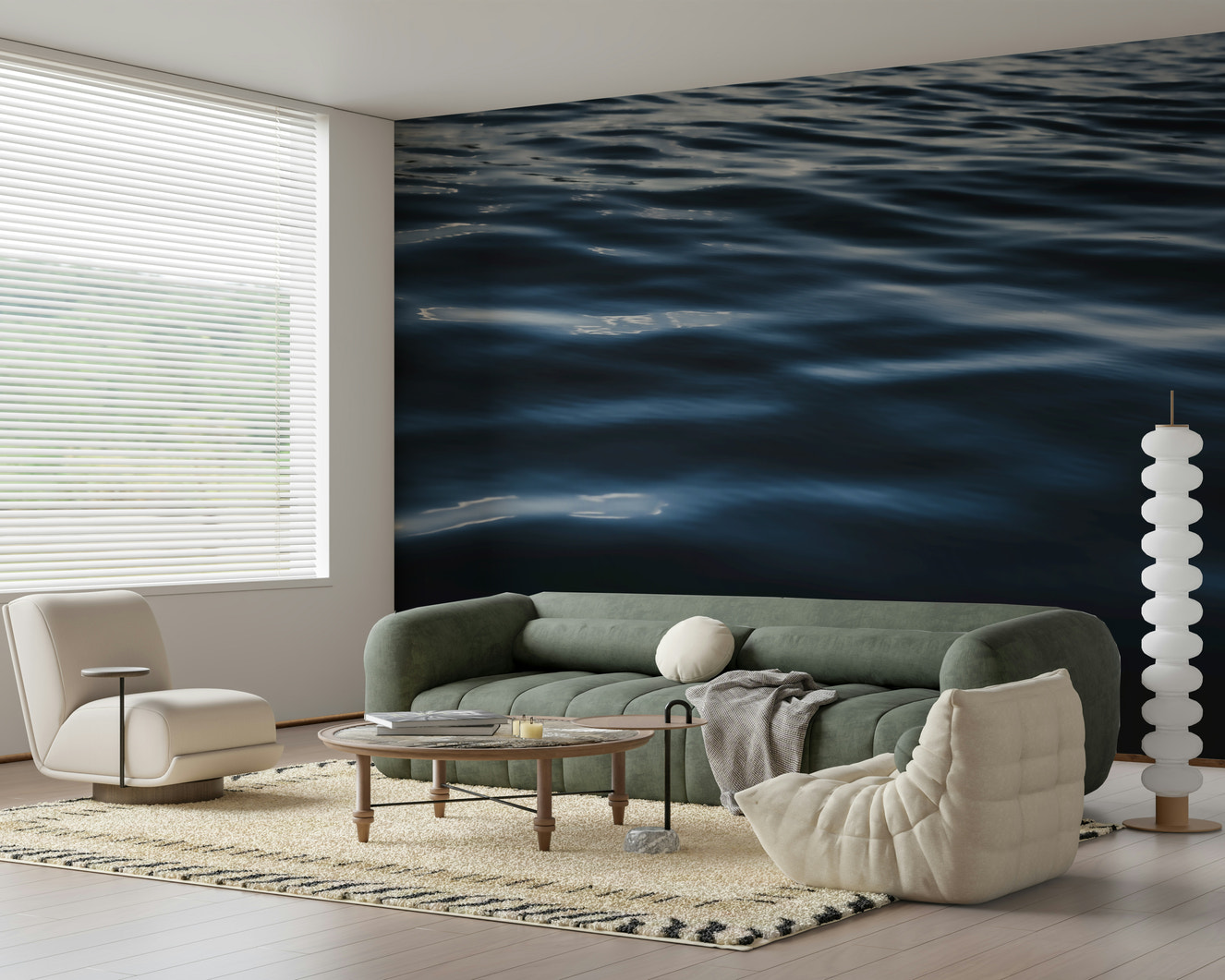 Calm living room with water ripples wallpaper mural.
