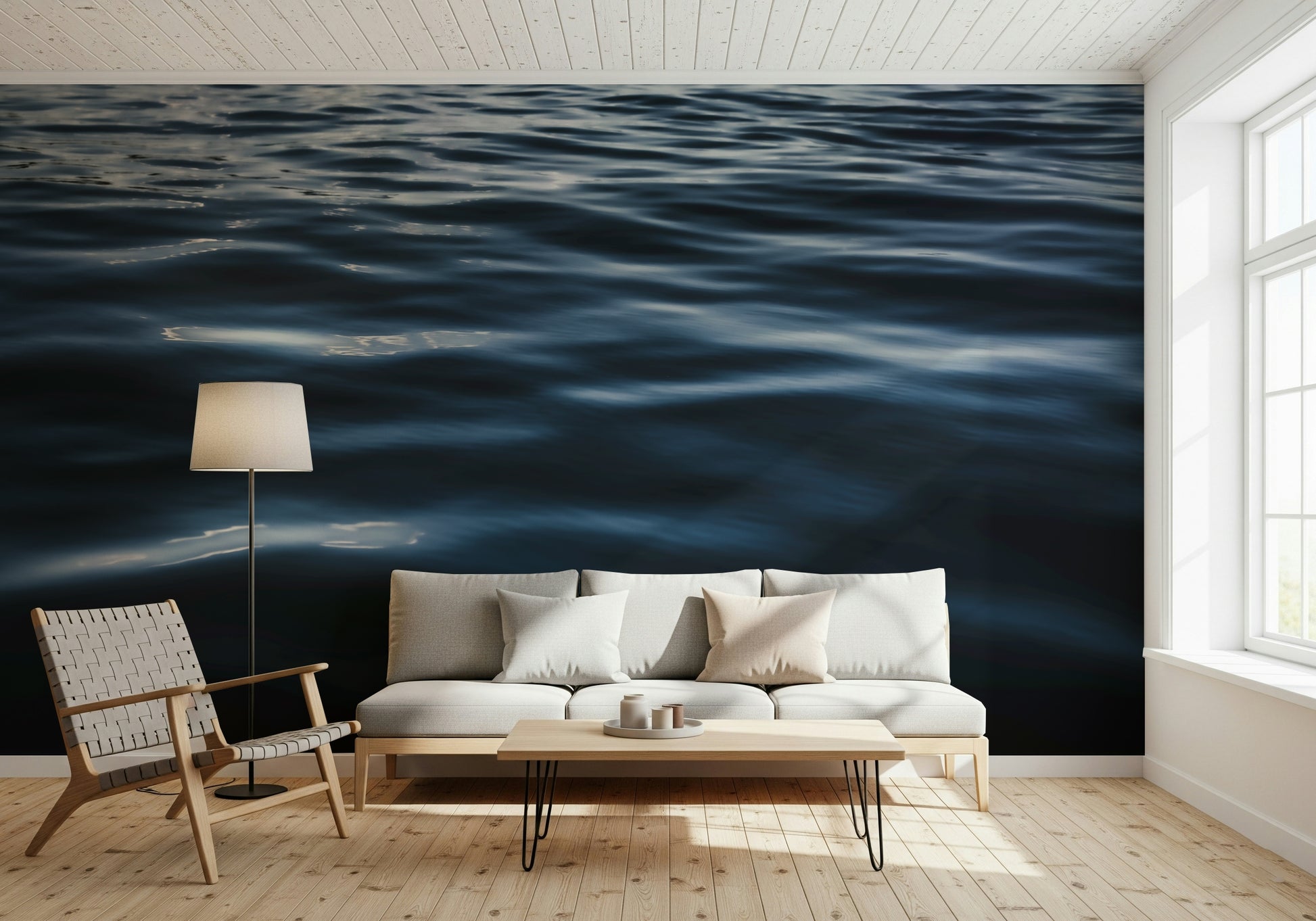 Serene bedroom accent wall with water ripples.