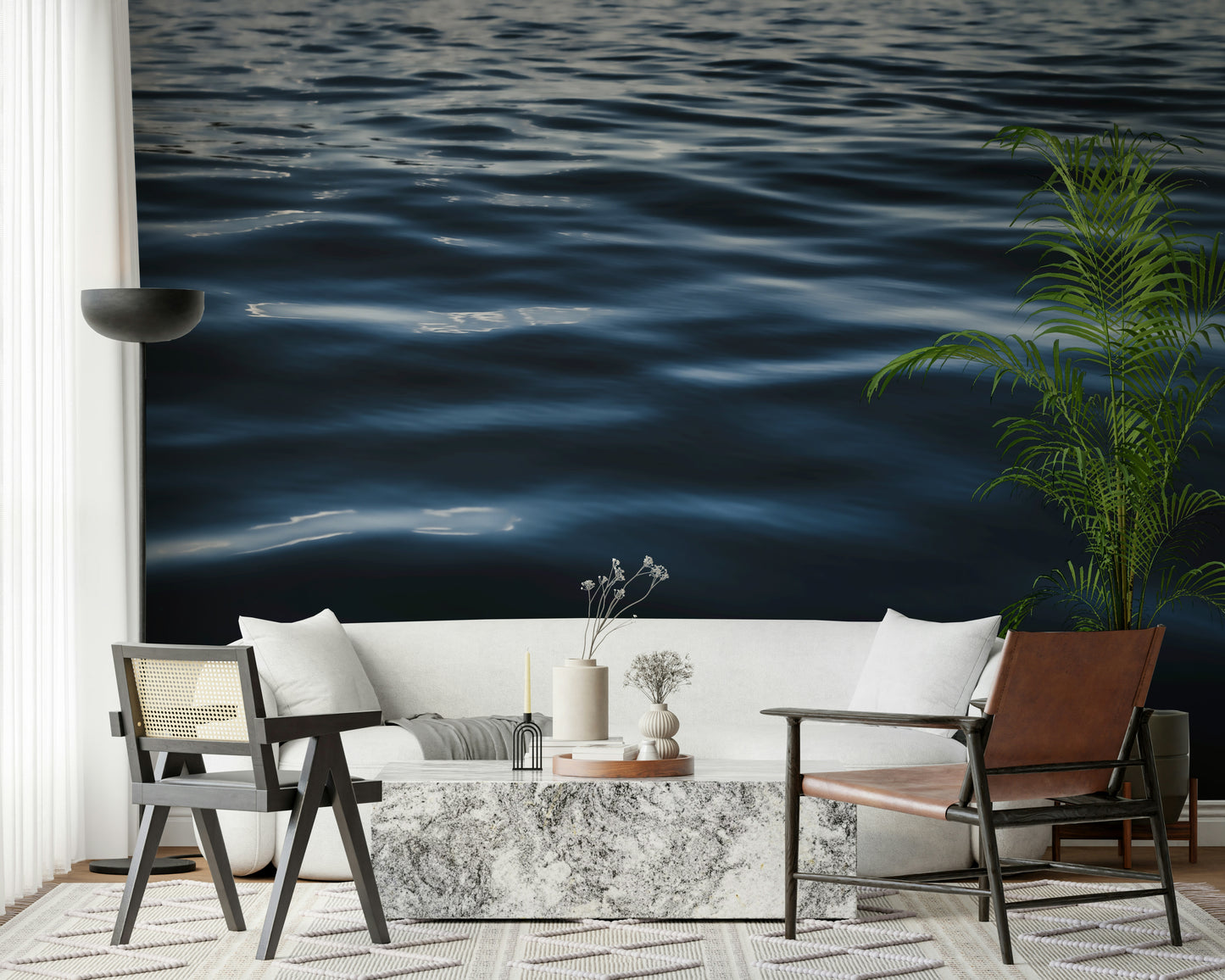 Calming home office with water ripples mural.