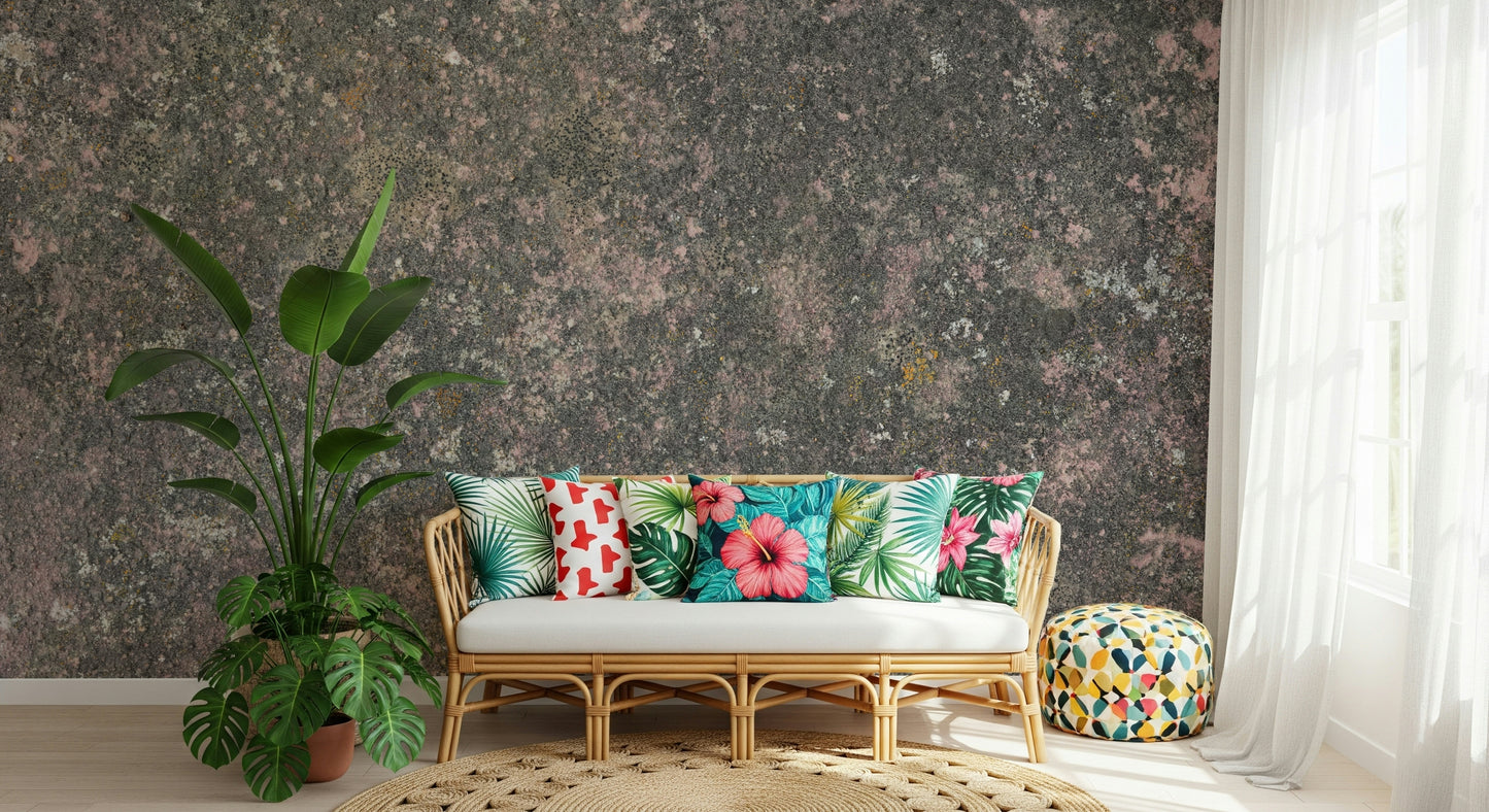 Artistic stone texture wallpaper mural in a cozy reading nook

