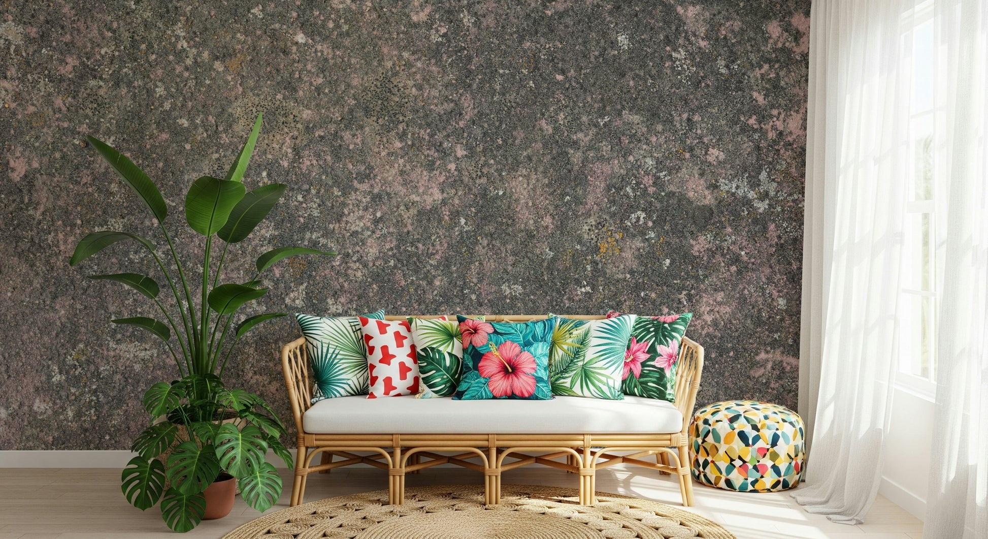 Artistic stone texture wallpaper mural in a cozy reading nook

