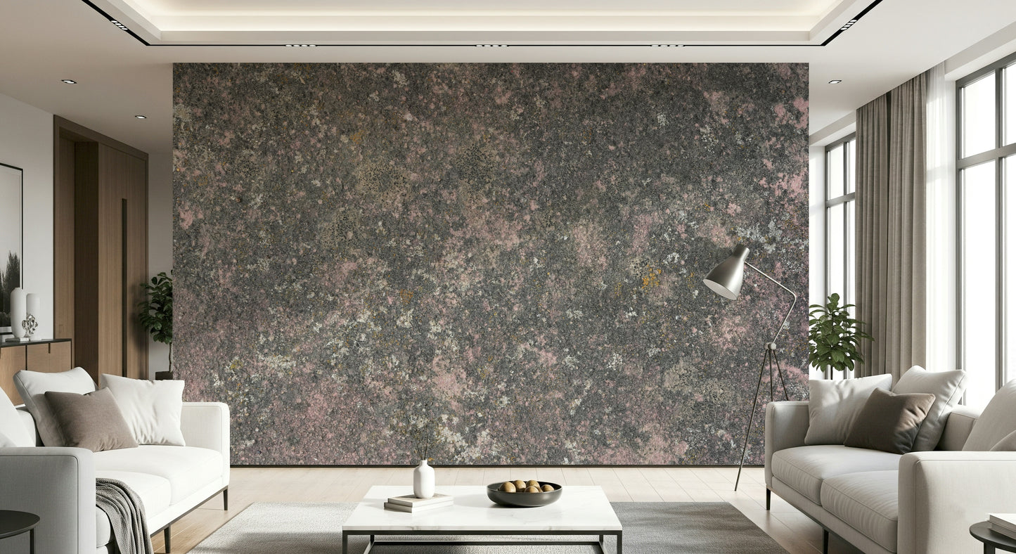Contemporary living area with subtle pink stone textured wallpaper


