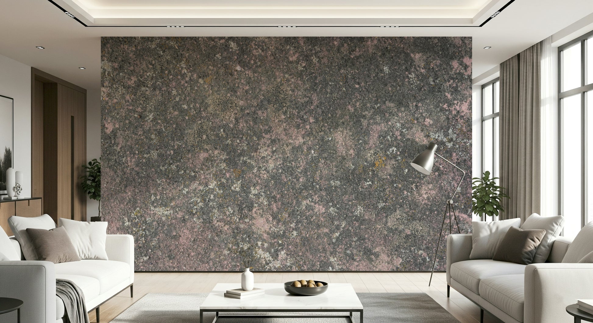 Contemporary living area with subtle pink stone textured wallpaper

