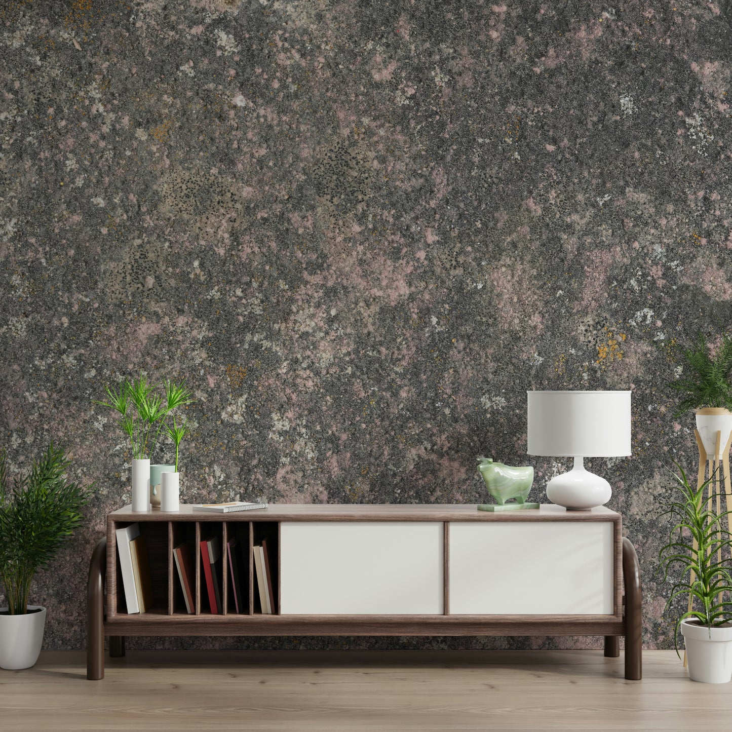 Soft lighting enhancing pink stone details on wallpaper mural

