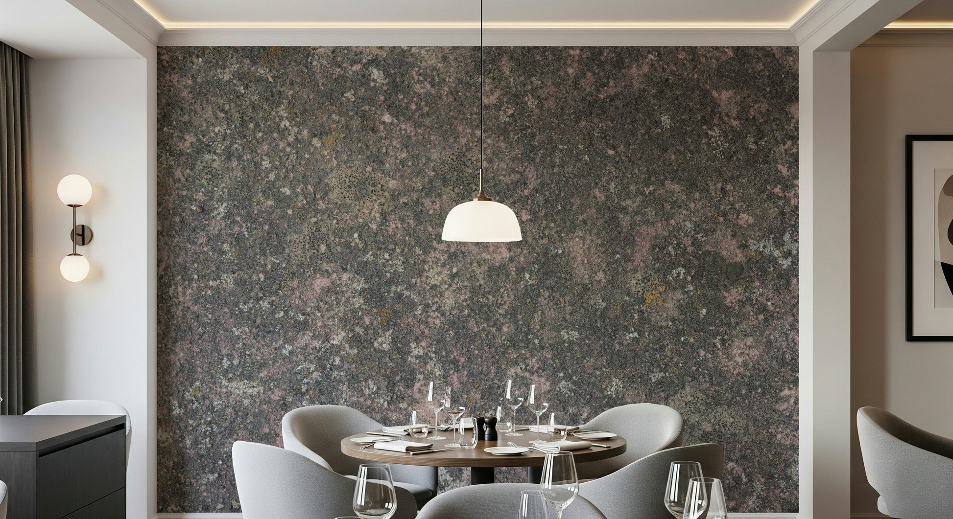 Modern office space with calming pink stone wallpaper mural

