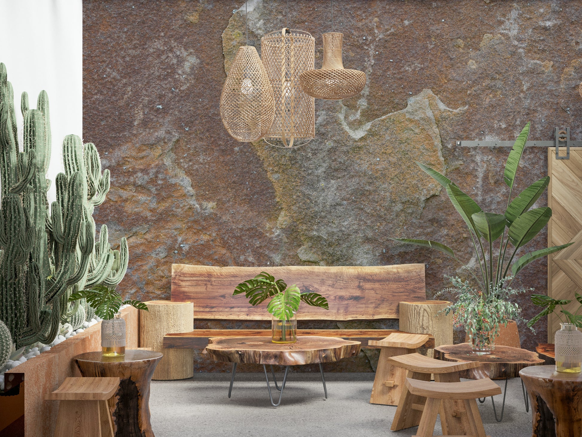 Rustic living space decorated with stone pattern wallpaper mural

