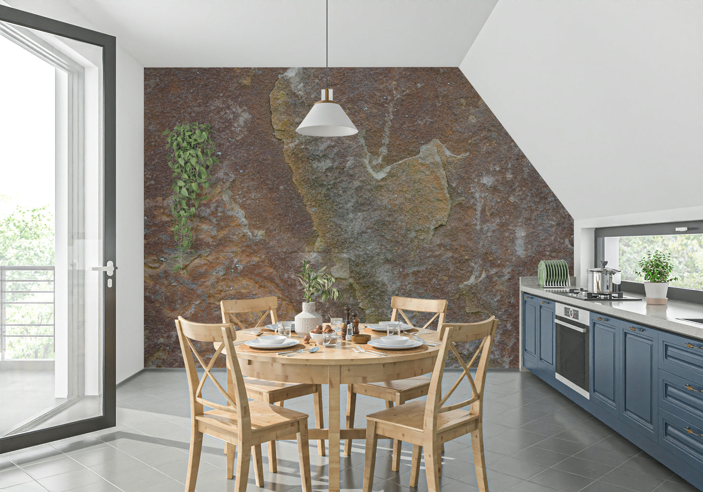 Modern room illuminated highlighting earthy stone wallpaper

