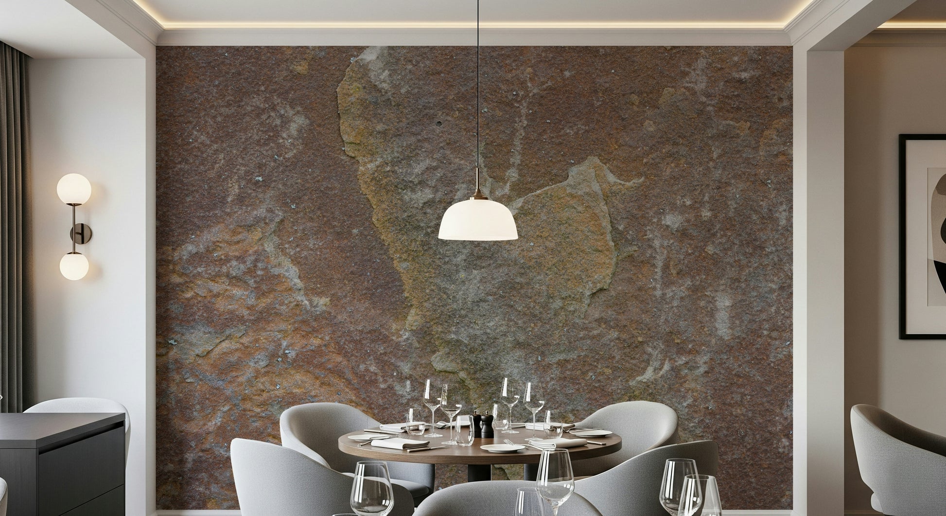 Textured wallpaper mural with natural stone detail

