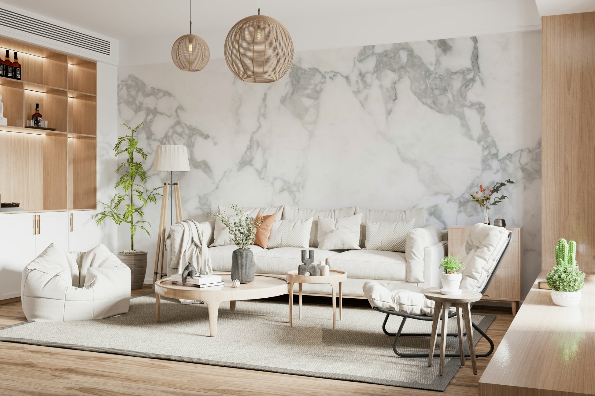 Realistic stone-look wallpaper mural application.