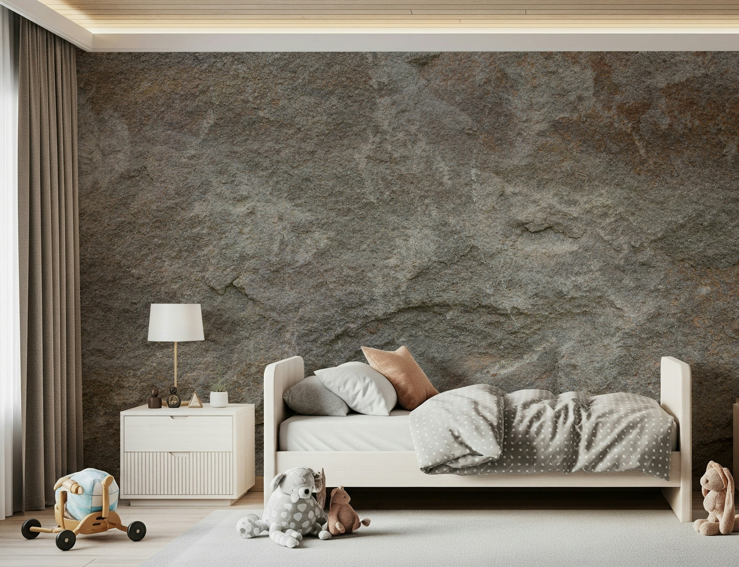 Minimalist living room with the textured stone mural