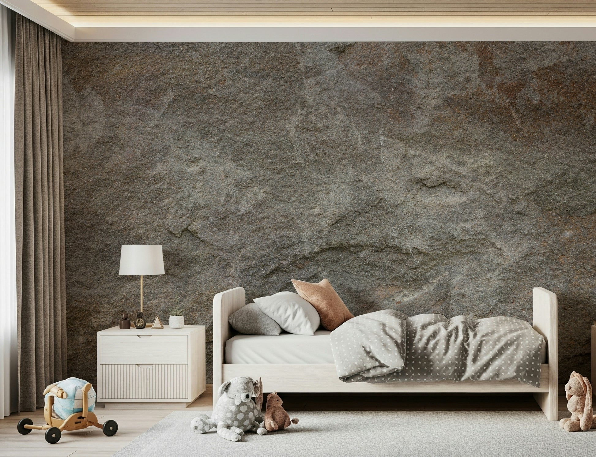 Minimalist living room with the textured stone mural