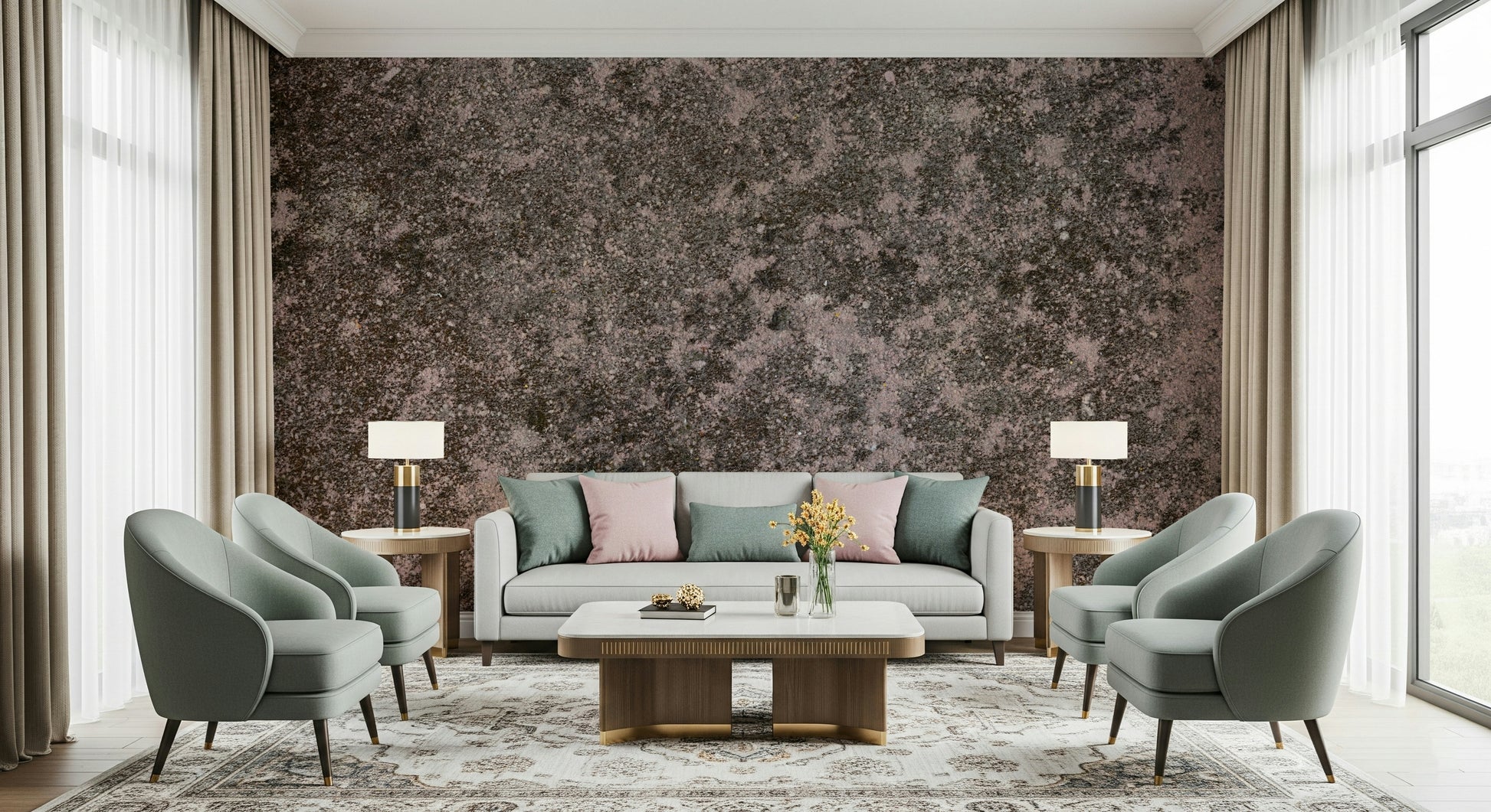 Mottled Earth wallpaper mural providing a rich, textural element behind a sofa.