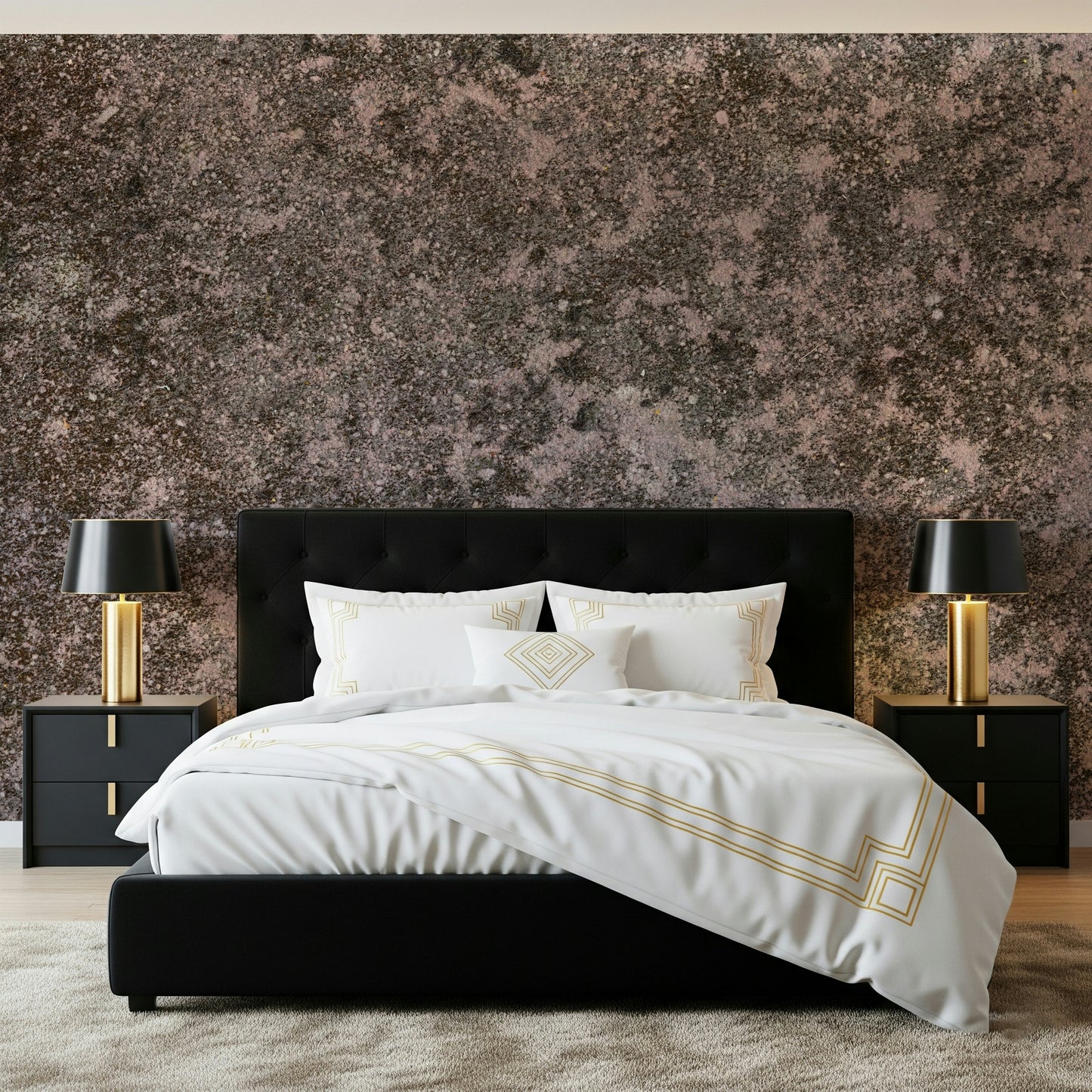 Bedroom accent wall with the soothing Mottled Earth peel and stick mural.